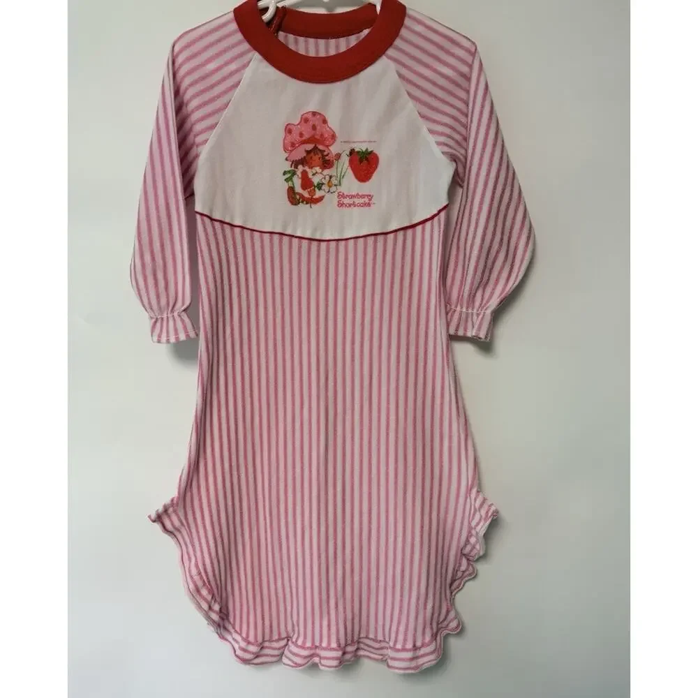 Vintage Strawberry Shortcake Pajama Girls Nightgown Sz‎ 6 Flannel 1980s Striped